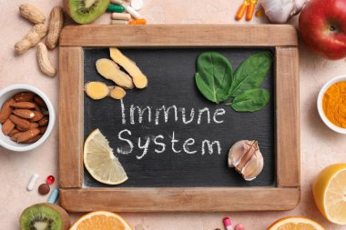 IMMUNE SİSTEM yazılı tebeşir tahtası, farklı sağlıklı yiyecekler ve renkli arka planda haplar