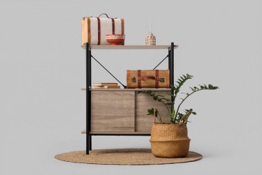 Gri arka planda ev bitkisi, dekor ve antika bavullu şık raf ünitesi