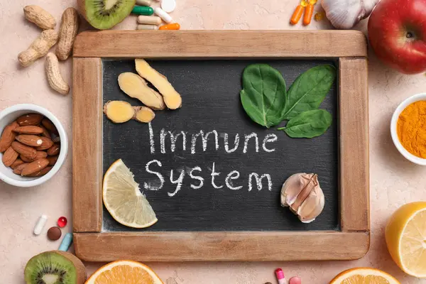 IMMUNE SİSTEM yazılı tebeşir tahtası, farklı sağlıklı yiyecekler ve renkli arka planda haplar