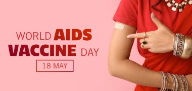 Dünya AIDS Aşı Günü afişi. Hindu kadın uygulamalı tıbbi yamayı işaret ediyor. 