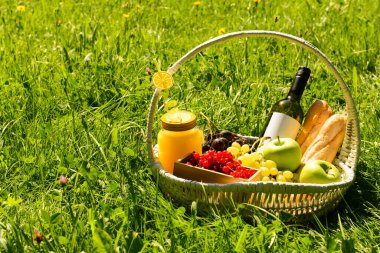Parktaki çimlerde romantik piknik için lezzetli yiyecek ve içeceklerle dolu bir sepet.