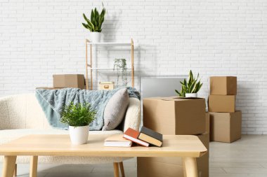 Taşındığı gün oturma odasında kanepe ve masa olan karton kutular.