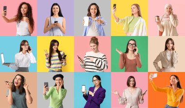 Renkli arka planda cep telefonu olan birçok kadının kolajı