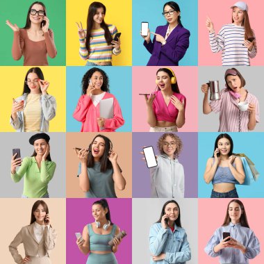 Renkli arka planda cep telefonu olan birçok kadının kolajı
