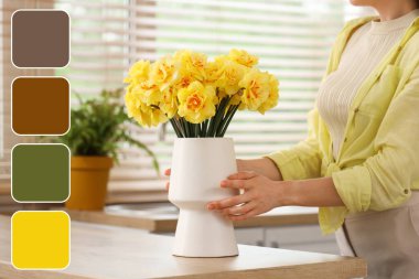 Mutfaktaki masadaki vazoda nergis çiçekleri olan kadın. Farklı renk desenleri