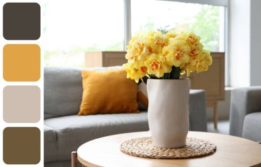 Oturma odasındaki masada sarı narsist çiçekli vazo. Farklı renk desenleri