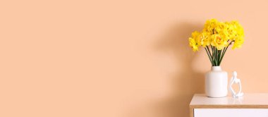 Bej duvarın yanındaki çekmecelerde nergis çiçekleri olan vazo. Tasarım için pankart