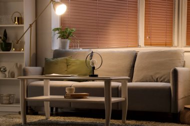 Gri kanepesi, sehpası ve parlayan lambası olan modern oturma odasının içinde.