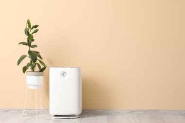Odada bej duvarın yanında bitkilerle hava temizleyici var.