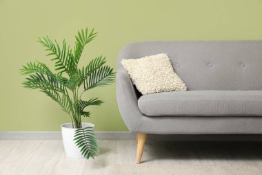 Yeşil duvarın yanında zeytin renginde modern bir oturma odası.