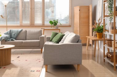 Kanepeleri ve bitkileri olan modern oturma odasının içinde.