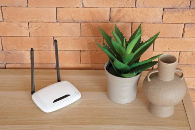 Duvarın yanındaki rafta aloe ve vazo ile modern wi-fi yönlendirici