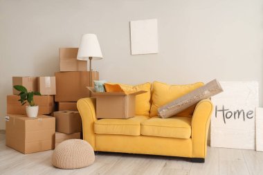 Taşındığı gün yeni oturma odasında karton kutular ve kanepe.