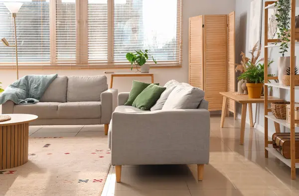 Kanepeleri ve bitkileri olan modern oturma odasının içinde.