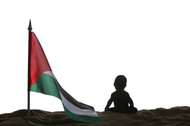 Beyaz arka planda, kuma asılı Filistin bayrağı taşıyan bir çocuk silueti. Üzüntü konsepti