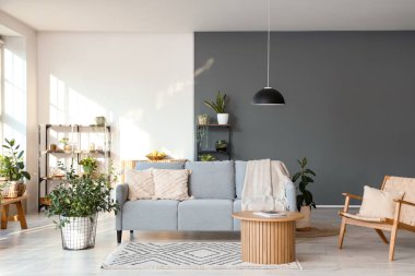 Rahat kanepesi, koltuğu, çiçekleri, raf üniteleri ve masası olan modern oturma odasının güzel iç mekanı.