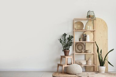 Odada beyaz duvarın yanında heykelcikli raflar ve bitkiler var.