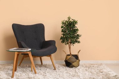 Koltuk, çiçek ve kahve masası oturma odasının iç tarafında.