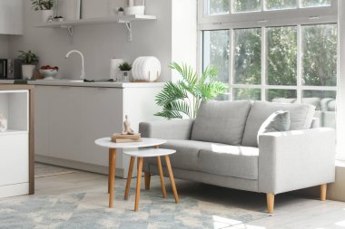 Modern bir stüdyo daire mutfak tezgahı, şık bir kanepe ve pencere kenarındaki masa.