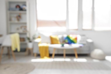 Kanepe, raf ünitesi ve LGBT bayraklı bulanık oturma odası manzarası