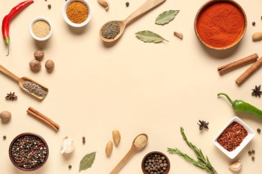 Renk arkaplanındaki farklı taze baharatlardan yapılmış çerçeve