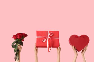 Güzel kırmızı güllerle dolu kadın elleri ve pembe arka planda hediye kutuları. Sevgililer Günü kutlaması