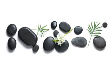 Beyaz arka planda siyah spa taşları, palmiye yaprakları ve çiçekli kompozisyon