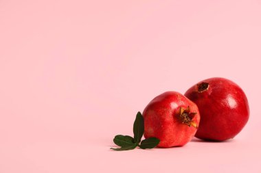 Pembe arka planda taze nar ve yapraklar.