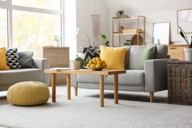 Gri kanepeleri ve kahve masasında taze limonları olan modern oturma odasının içinde.