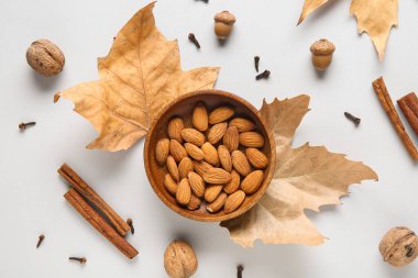 Gri arka planda badem fıstığı, baharat, meşe palamudu ve düşen yapraklı kompozisyon