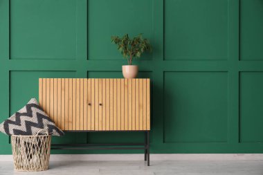 Küçük zeytin ağacı ve yeşil duvarın yanındaki yastıklı ahşap dolap.