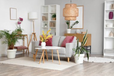 Oturma odasının içinde raflar, sehpalar ve kanepede mor yastıklar var.