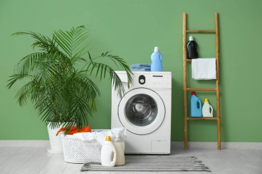 Modern çamaşır makinesi, ev bitkisi ve deterjan şişeleriyle şık bir çamaşır odası.