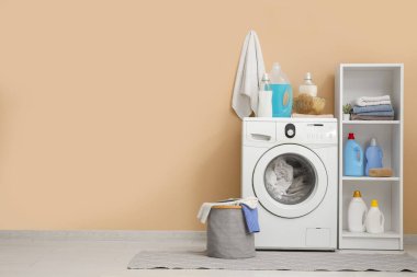 Modern çamaşır makinesi, raf ünitesi ve deterjan şişeleriyle şık bir çamaşır odası.