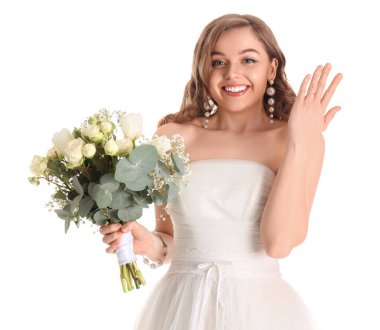 güzel bir gelin gelinlik beyaz zemin üzerine çiçekli