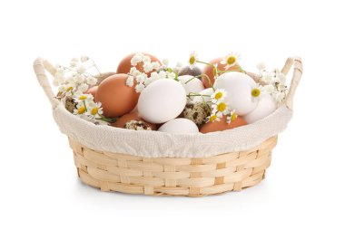 Beyaz arka planda izole edilmiş Paskalya yumurtaları ve çiçekleri olan güzel sepet, yakın plan.