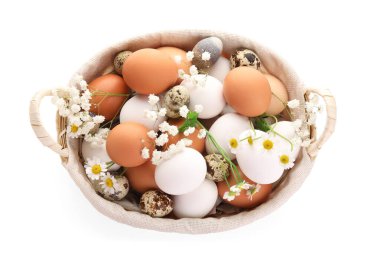 Beyaz arka planda izole edilmiş Paskalya yumurtaları ve çiçekleri olan güzel sepet, yakın plan.