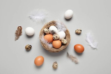 Yuvalı kompozisyon, gri arka planda Paskalya yumurtası ve tüyleri