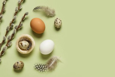 Tüylü Paskalya yumurtaları ve yeşil arka planda söğüt dalları