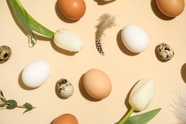 Bej arka planda Paskalya yumurtaları, tüyler ve lale çiçekleriyle kompozisyon