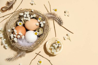 Paskalya yumurtaları, çiçekler ve bej arka planda tüyleri olan bir yuva.