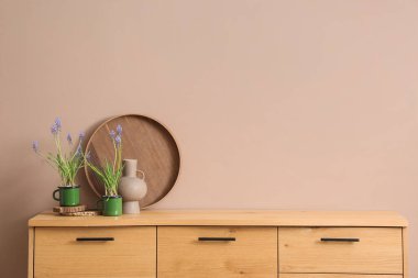 Muscari çiçekli kupalar ve bej duvarın yanındaki çekmecelerde vazolar.