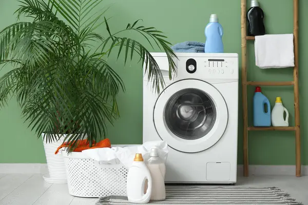 Modern çamaşır makinesi, ev bitkisi ve deterjan şişeleriyle şık bir çamaşır odası.