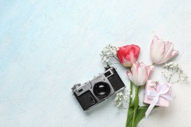 Güzel laleler, çingene çiçekleri, hediye kutusu ve açık mavi arka planda fotoğraf makinesi. Anneler Günü kutlaması