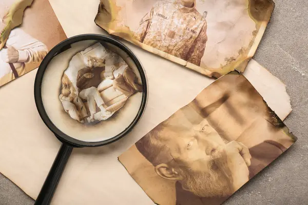 Grunge arka planında büyüteç olan akrabaların eski fotoğrafları. Aile ağacı kavramı