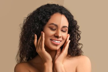 Bej arka planda bronzlaşmadan önce ve sonra güzel bir Afro-Amerikalı kadın.