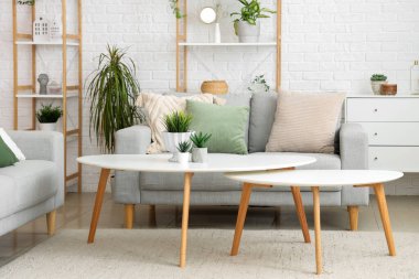 Işıl ışıl oturma odasının içinde rahat gri koltuklar, kahve masası ve bitkiler var.