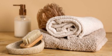 Temiz havlular, fırça, banyo süngeri ve şampuan.
