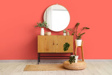 Dekorlu çekmeceler, ev bitkileri ve odadaki mercan duvardaki ayna.