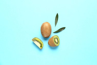 Taze kivi ve turkuaz arka planda yapraklar